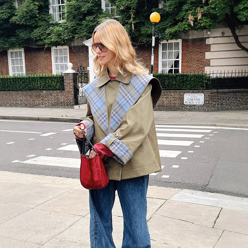 Damen modische Oversized Jacke mit kariertem Kragen EB