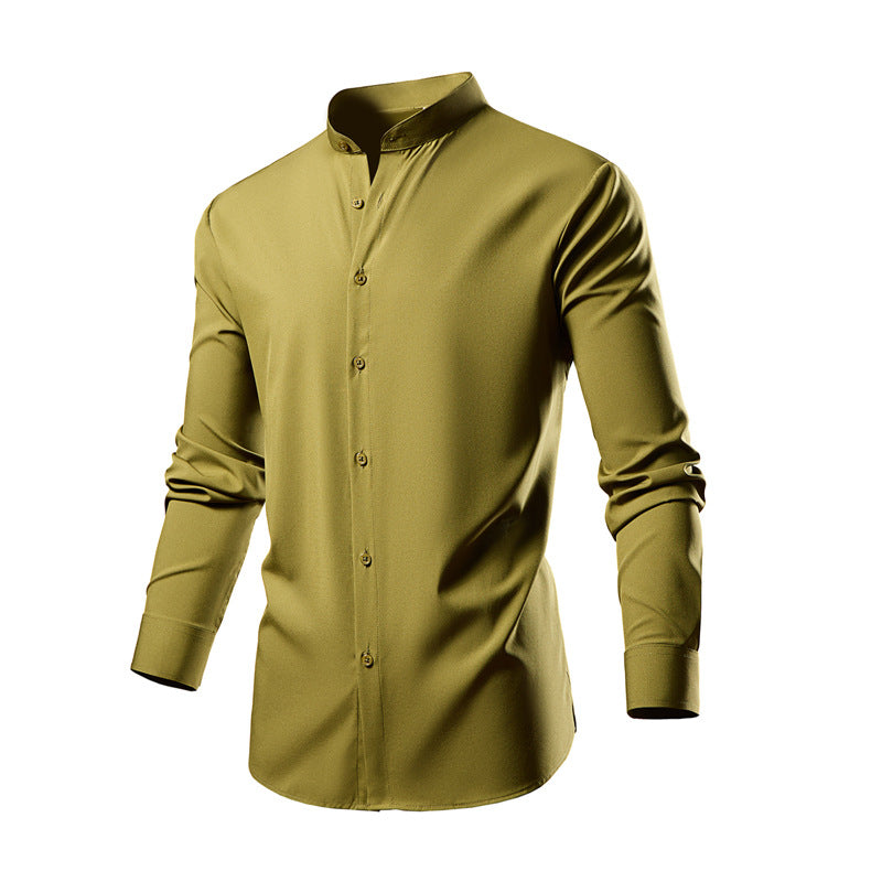 Herren elegantes Langarmhemd mit stehendem Kragen und modernen Knopfdetails EB