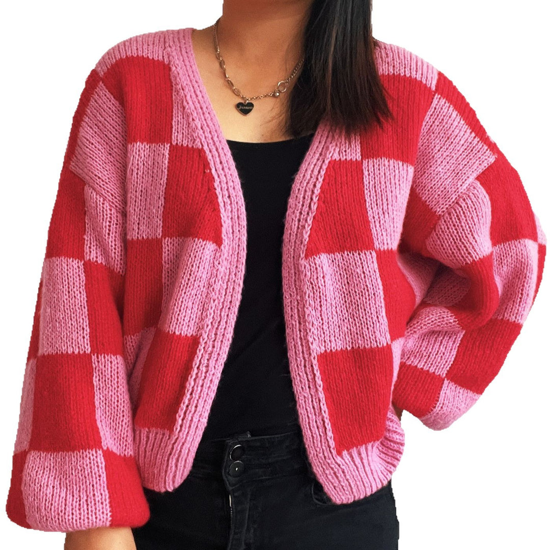 Damen lässige Strickjacke mit Karomuster und voluminösen Ärmeln EB