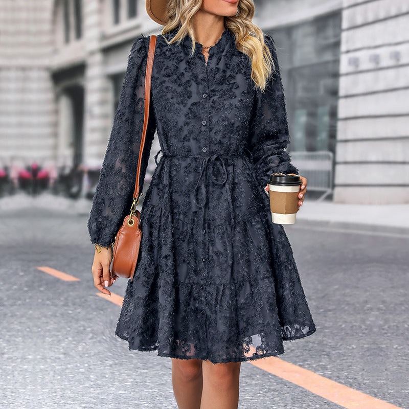 Damen Kleid im romantischen Boho-Stil mit Knopfverschluss und Bindegürtel EB