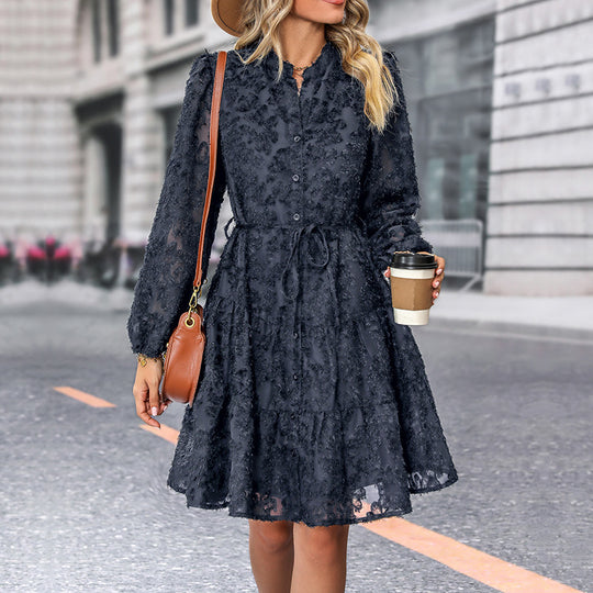 Damen Kleid im romantischen Boho-Stil mit Knopfverschluss und Bindegürtel EB