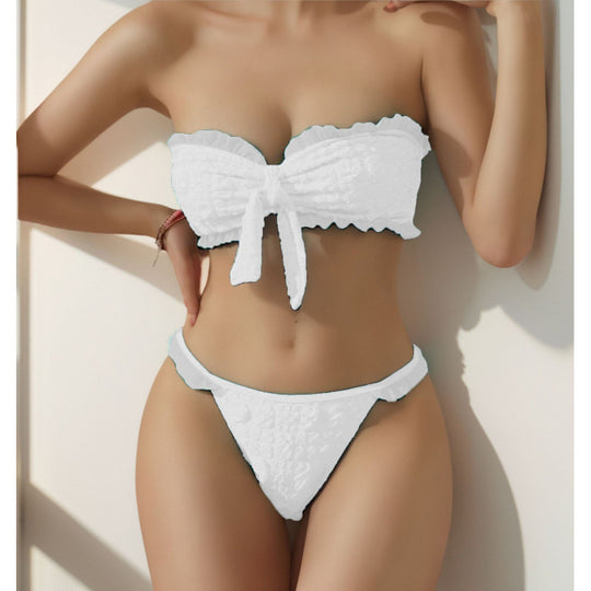 Damen Bandeau-Bikini mit modischen Rüschendetails und verstellbarem Knotendesign EB