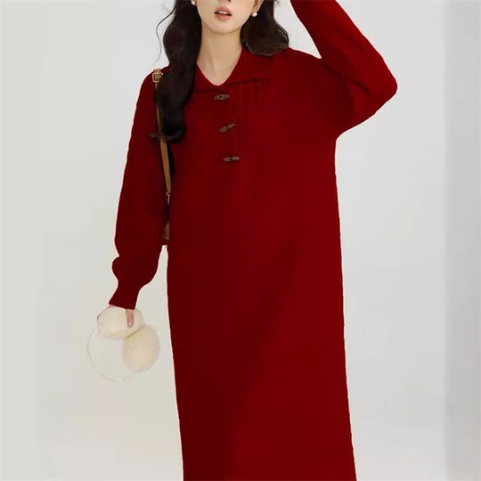 Damen Strickkleid mit Kragen und Knopfdetails EB