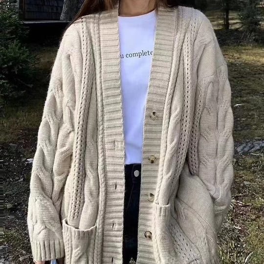Damen Strickcardigan mit tiefem V-Ausschnitt und strukturiertem Zopfmuster EB