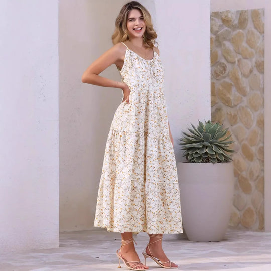 Damen luftiges Maxikleid mit floralem Muster und Spaghettiträgern EB