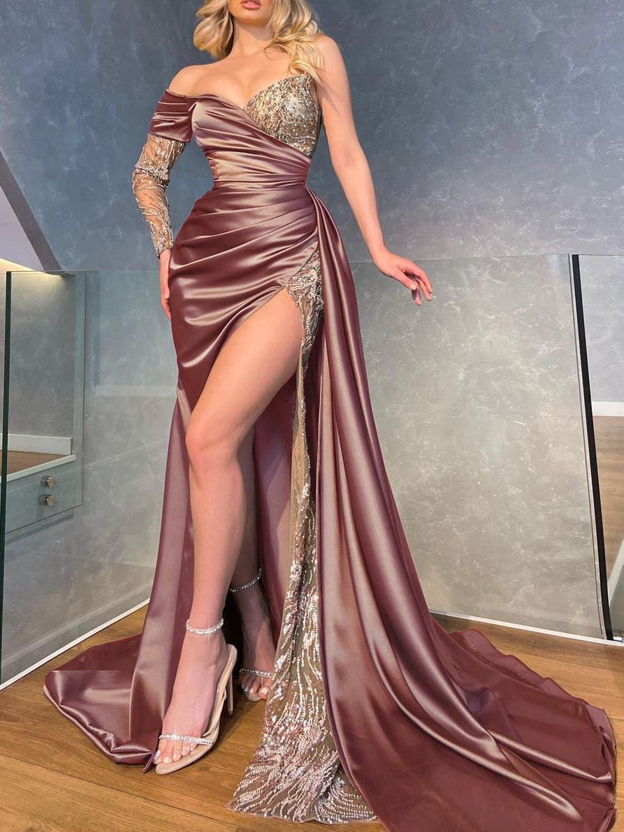 Damen Glamouröses Abendkleid mit schimmernden Pailletten und hohem Schlitz EB