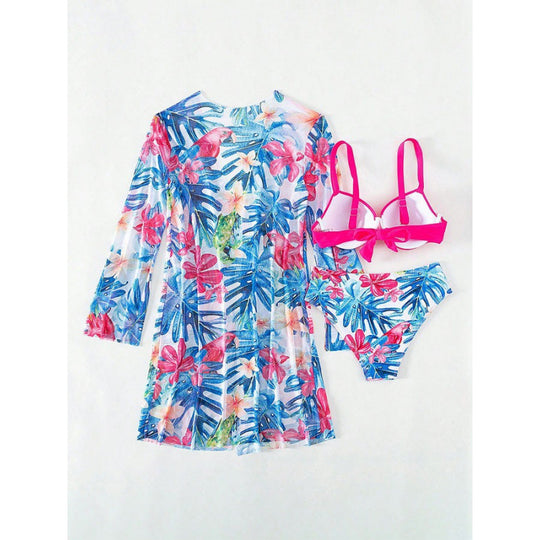 Damen bikini set mit floralem Überwurf und glamourösen Details EB