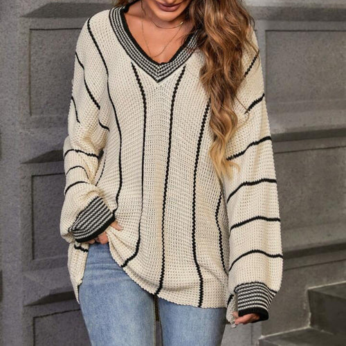 Damen grober Strickpullover mit eleganter V-Ausschnittgestaltung und modischem Streifenmuster EB