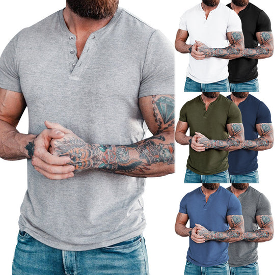 Herren nan muskelbetontes Kurzarmshirt mit Knopfleiste und V-Ausschnitt aus Baumwollstretch EB