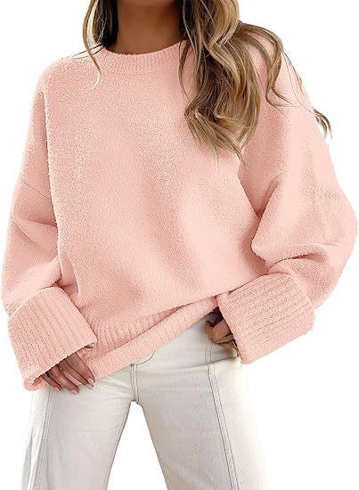 Damen Oversize Bouclé-Strickpullover mit überschnittener Schulter und breiten Bündchen EB