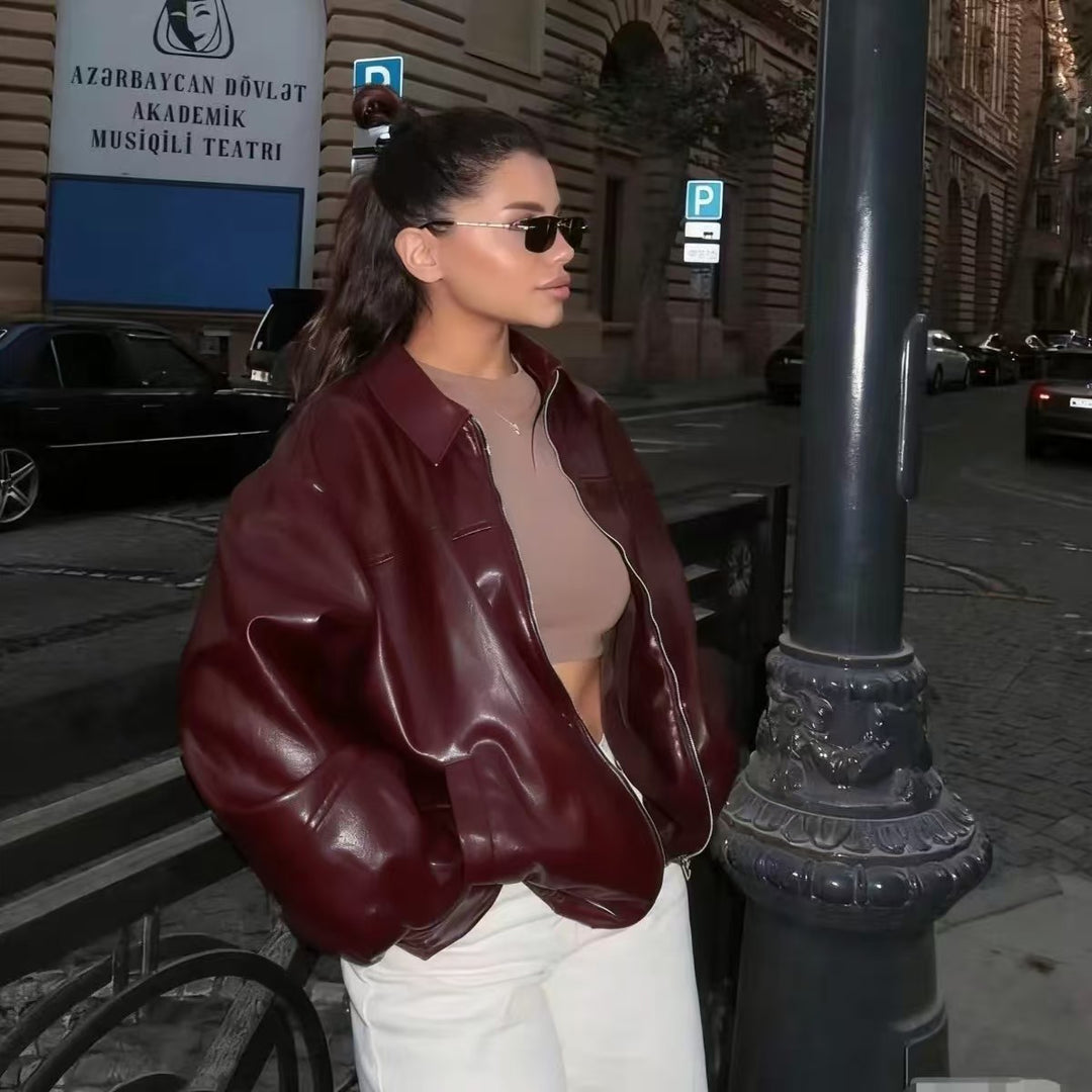 Damen nan oversized Lederjacke im Bomberstil mit Hemdkragen, durchgehendem Reißverschluss und lässiger Silhouette EB