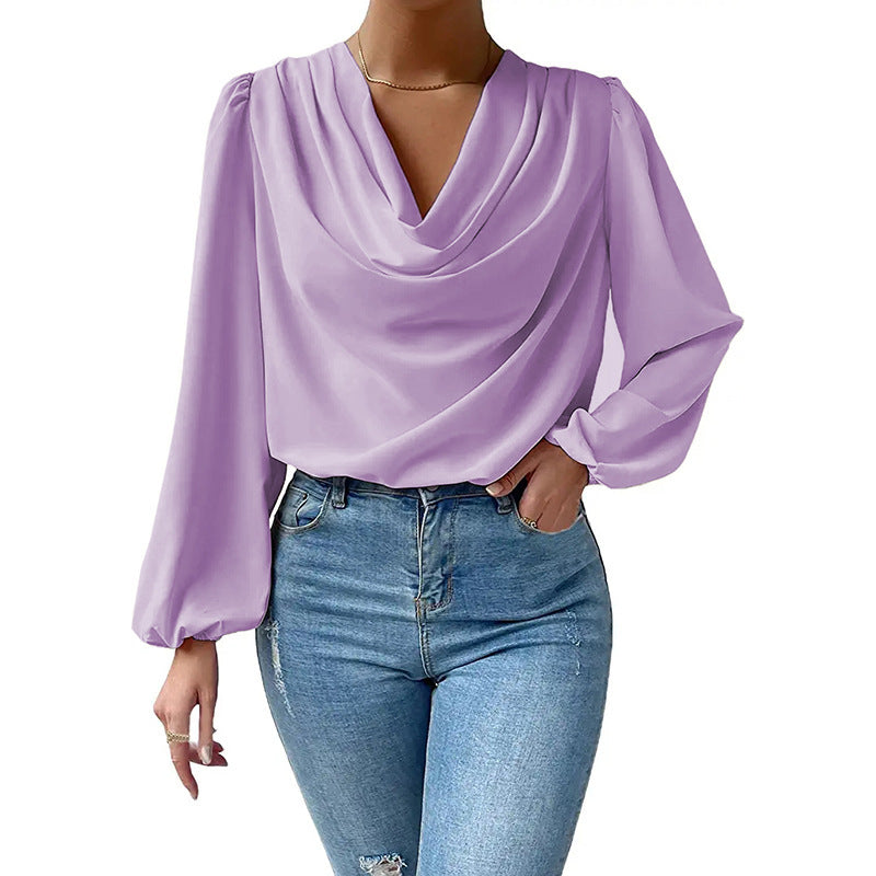 Damen Elegantes Langarm-Blusenoberteil mit Drapierung und weitem Schnitt EB