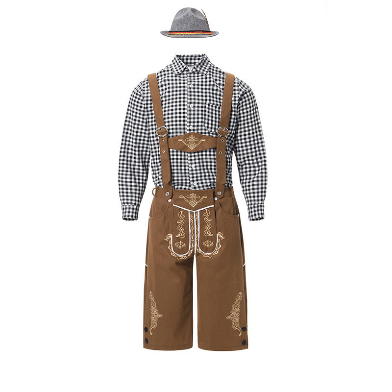 Herren nan traditionelle Trachtenlederhose mit bestickten Hosenträgern, kariertem Trachtenhemd und Filzhut EB