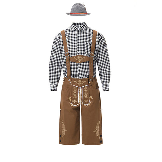 Herren nan traditionelle Trachtenlederhose mit bestickten Hosenträgern, kariertem Trachtenhemd und Filzhut EB