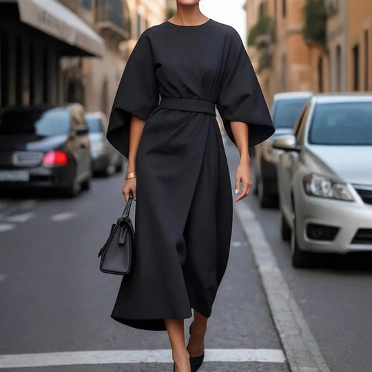 Damen Maxikleid mit eleganten Puffärmeln und Taillengürtel EB