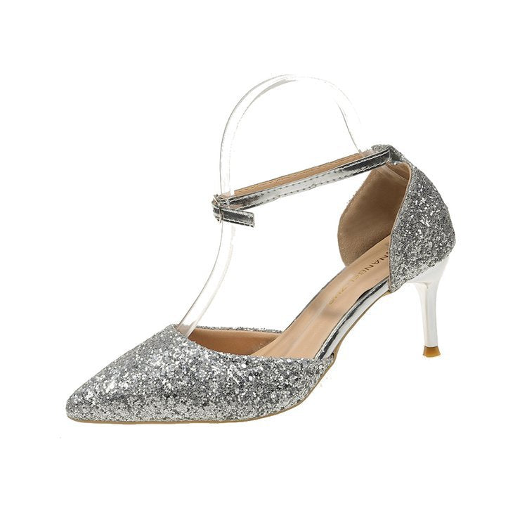 Damen elegante Spitzen High Heels mit transparentem Riemen EB