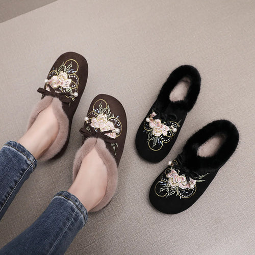 Damen Kuschelige Hausschuhe mit floralen Applikationen und weichem Kunstfell EB