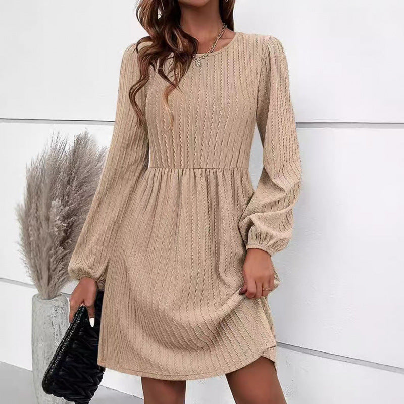 Damen Rippstrick A-Linien Kleid mit Puffärmeln EB