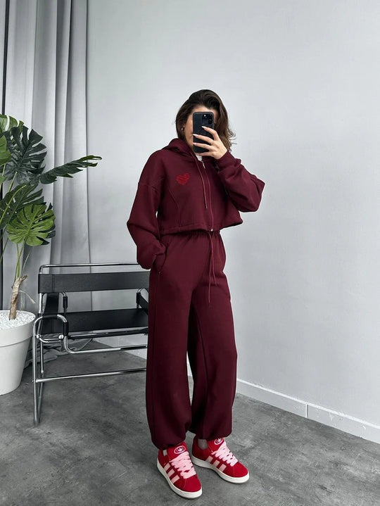 Damen Cropped Kapuzenpullover und hohe Taille Wide-Leg Jogginghose Set EB