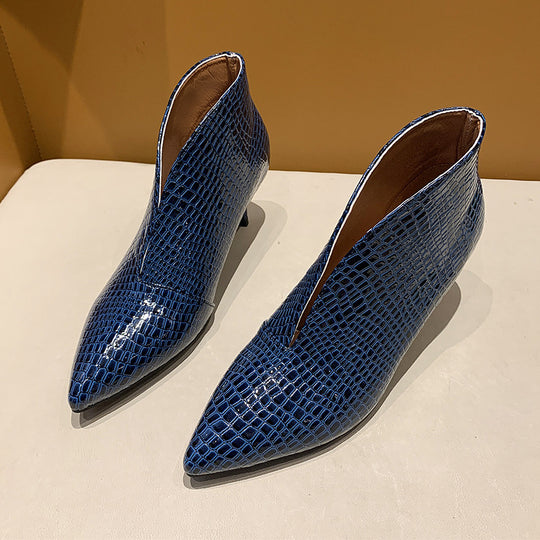 Damen nan spitze Stiefelette mit Krokoprägung und niedrigem Kittenabsatz EB