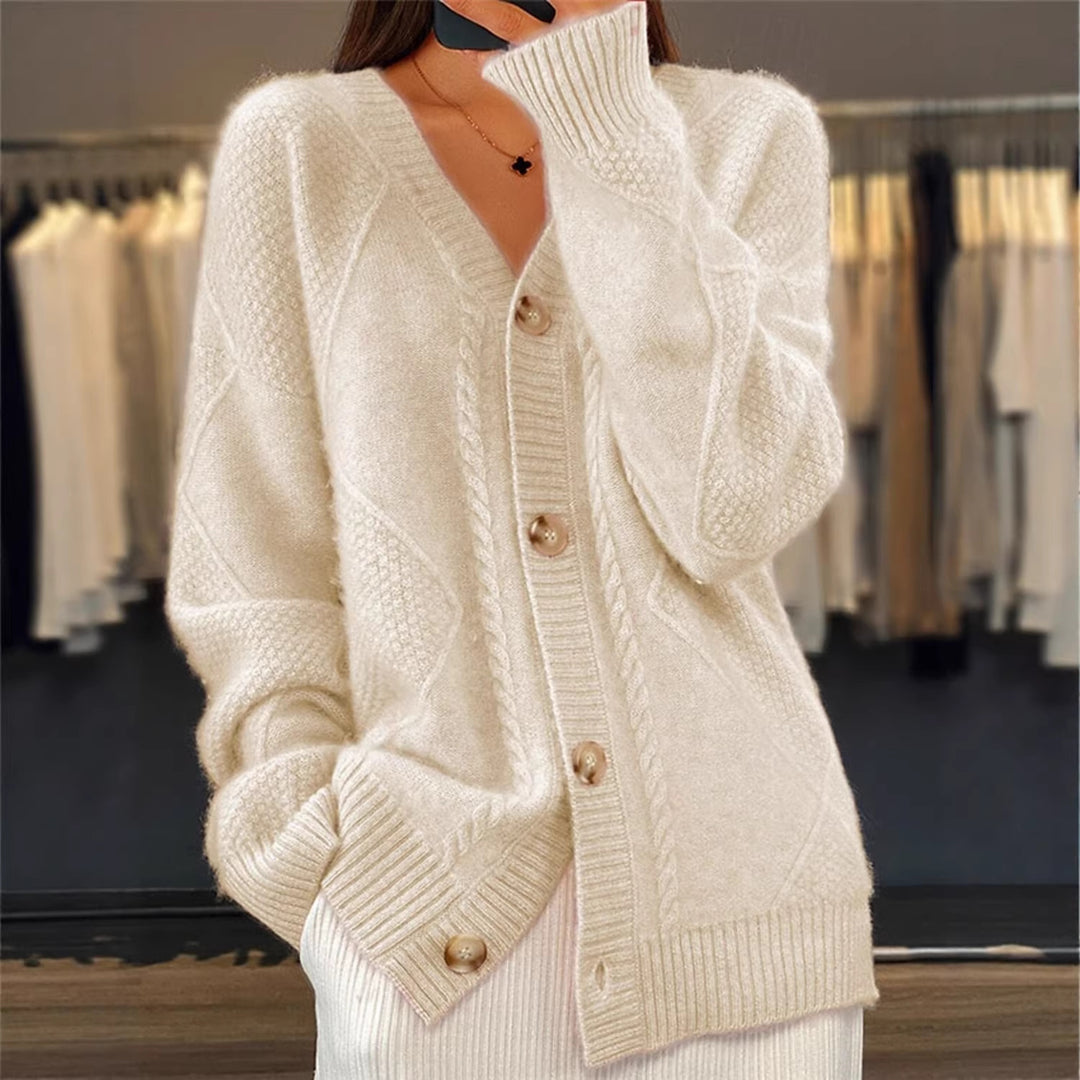 Damen nan Oversize Strickcardigan mit Zopfmuster V-Ausschnitt und Perlmuttknöpfen EB