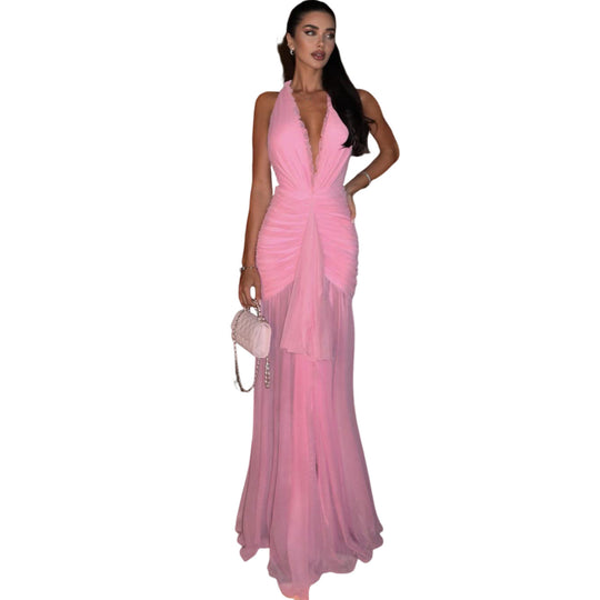 Damen Maxikleid mit tiefem V-Ausschnitt und Raffungen EB