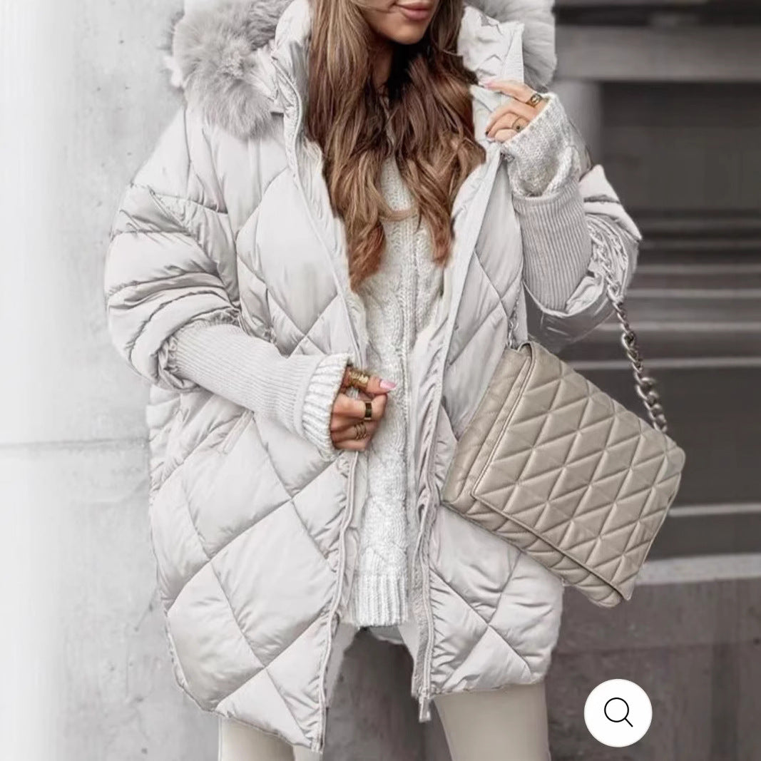 Damen nan weit geschnittener gesteppter Winterparka mit Kapuze Kunstpelzbesatz und Rippbündchen EB