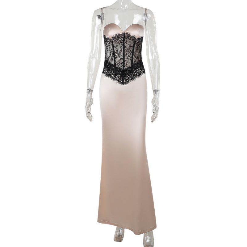 Damen elegantes Korsett-Maxikleid mit Spitzenoberteil EB