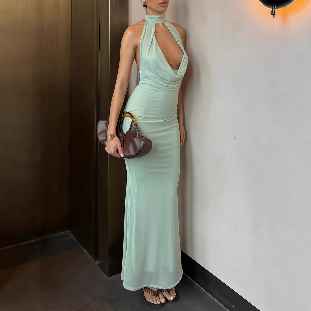 Damen elegantes Maxikleid mit tiefem V-Ausschnitt und schimmerndem Oberteil EB