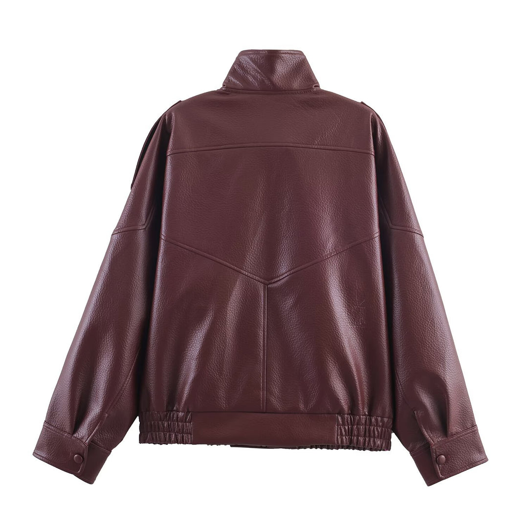 Damen Kunstlederjacke im modernen Design mit hochgeschlossenem Kragen und praktischen Taschen EB