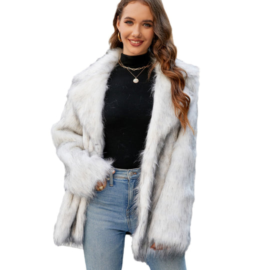 Damen Elegante Kunstpelzjacke mit breitem Revers und lockerer Passform EB