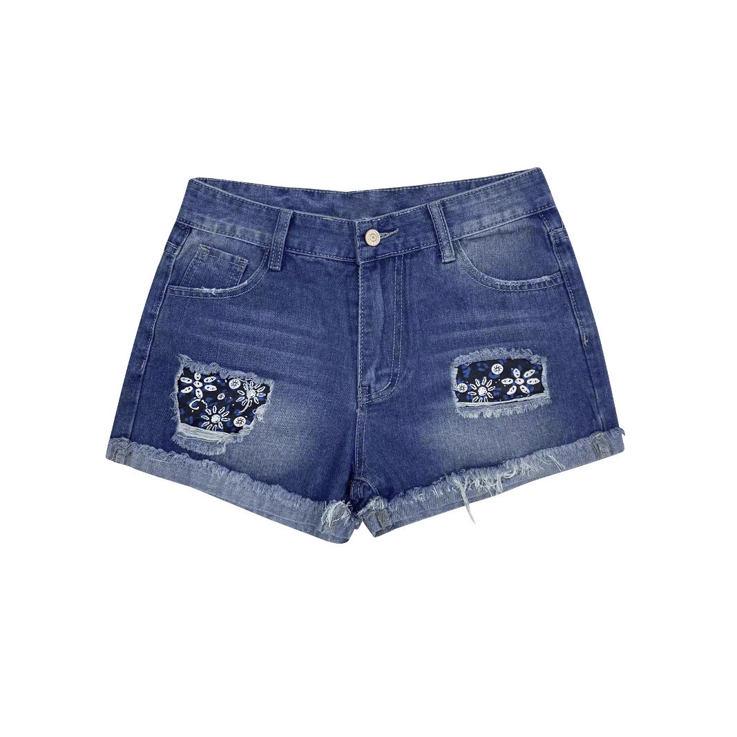 Damen Modische Destroyed Denim-Shorts mit floralem Design EB