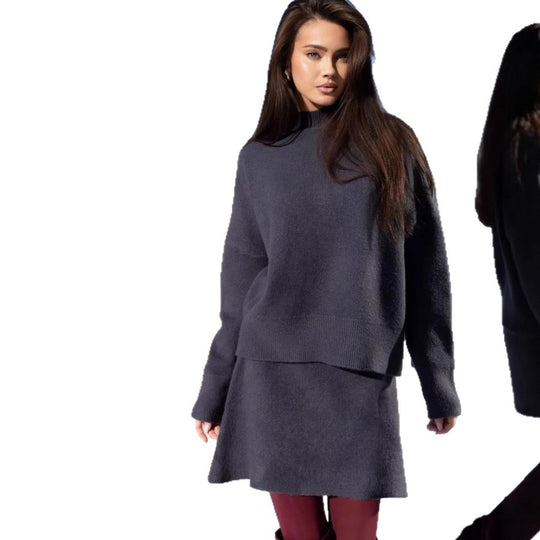 Damen kuscheliges Strickensemble mit hochgeschlossenem Design und ausgestelltem Rock EB