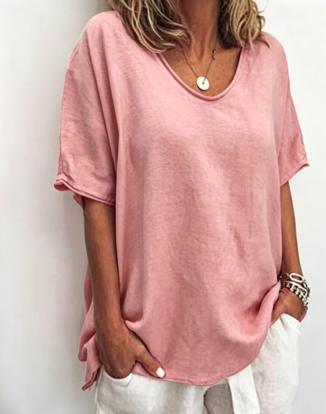 Damen nan weit geschnittenes Leinenmix-Relaxshirt mit Rundhalsausschnitt, überschnittenen Ärmeln und seitlichen Schlitzen EB