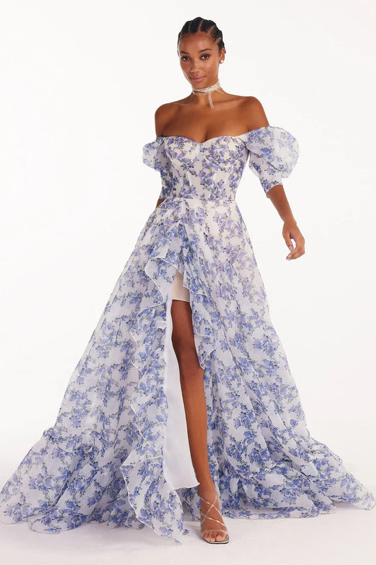 Damen Festliches Maxikleid mit schulterfreiem Design und floralen Rüschendetails EB