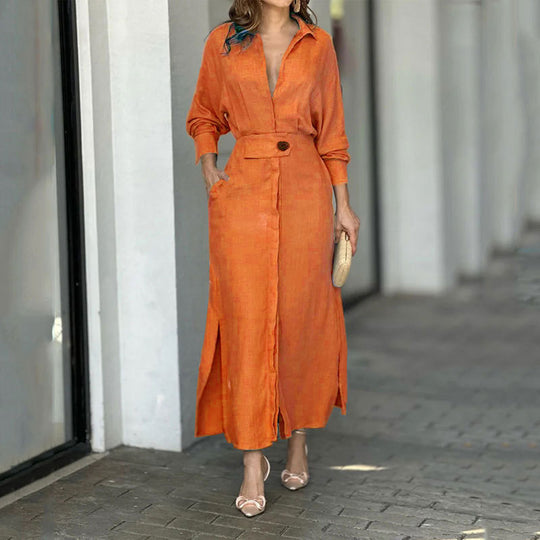 Damen Maxikleid aus leichtem Leinen mit eleganter Knopfleiste und praktischen Seitenschlitzen EB