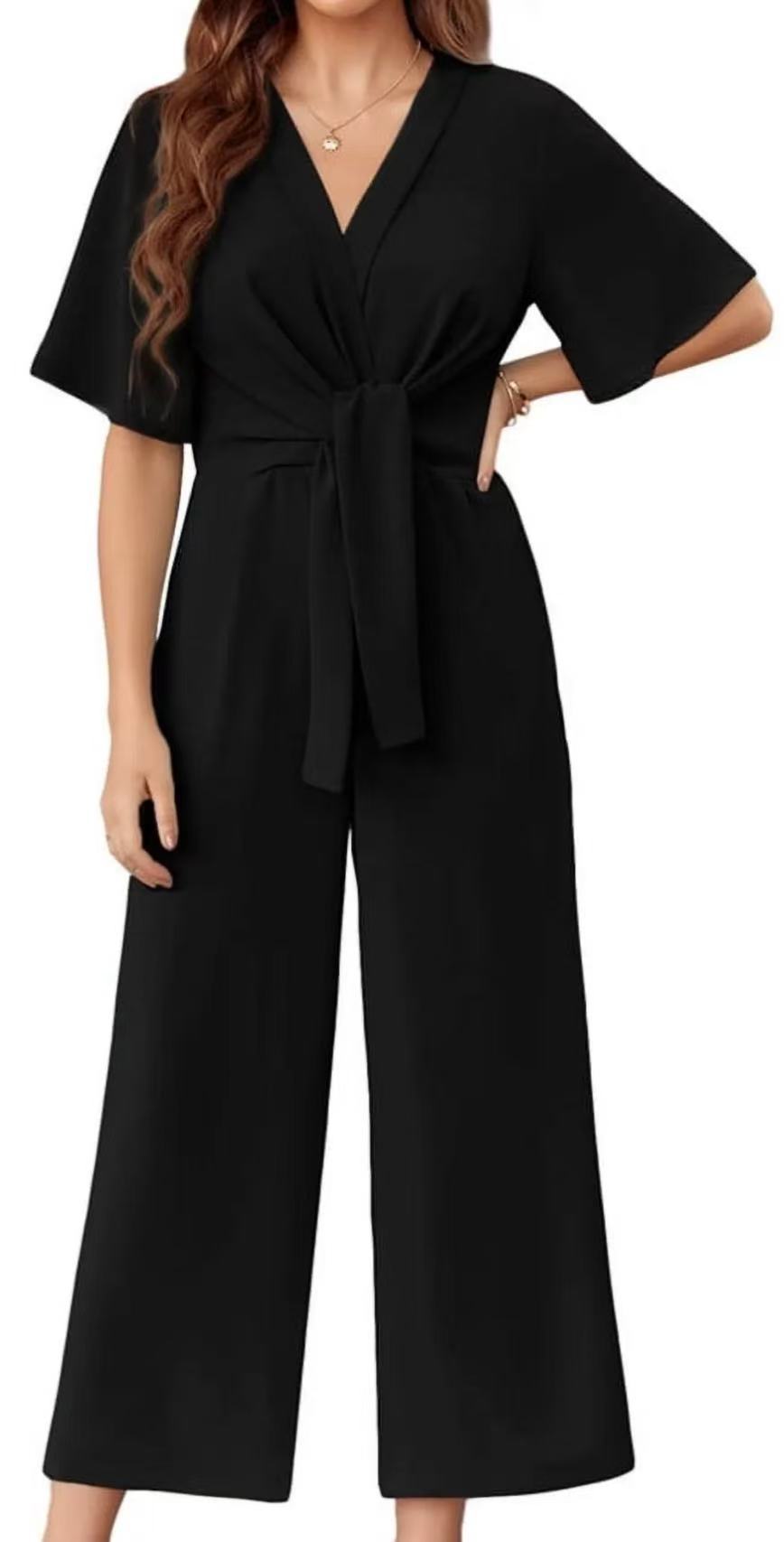 Damen eleganter Wickel-Jumpsuit mit weiten Beinen und Taillengürtel EB