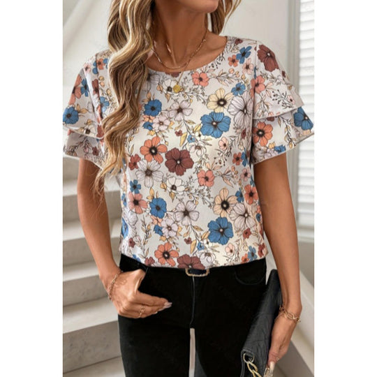 Damen Kurzarm-Bluse mit Volant und floralem Muster EB