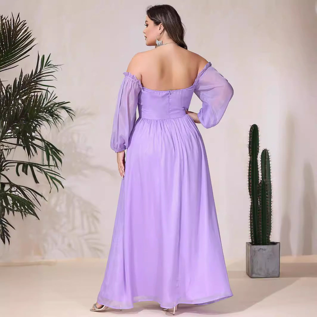 Damen Off-Shoulder Maxikleid mit hohem Schlitz und Rüschendetails EB