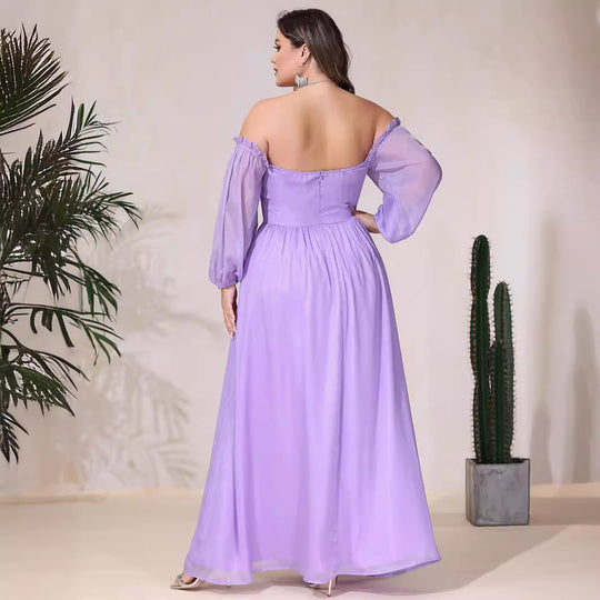 Damen Off-Shoulder Maxikleid mit hohem Schlitz und Rüschendetails EB