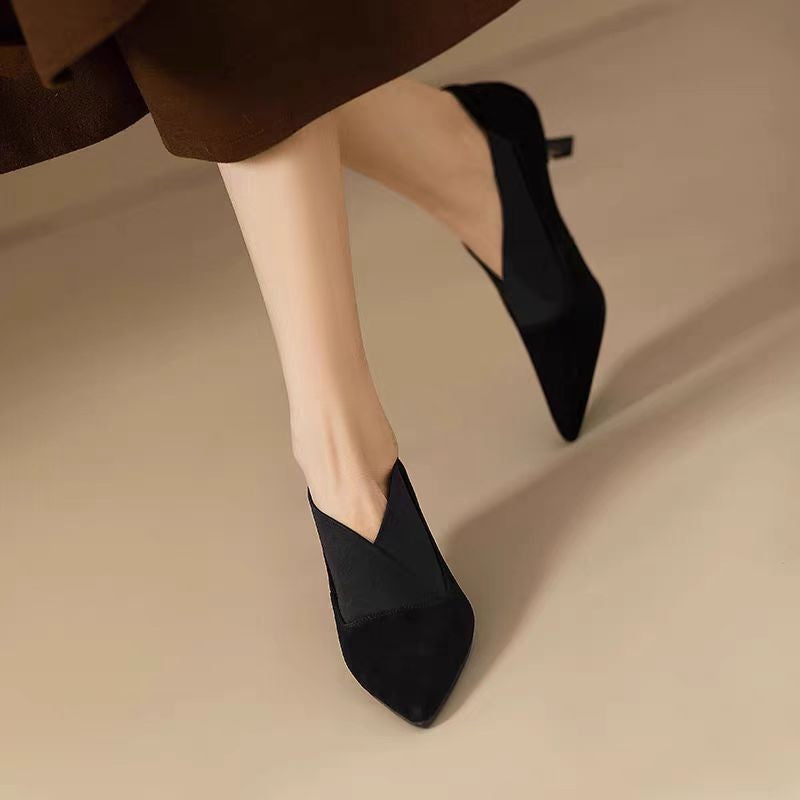 Damen Elegante spitze Pumps mit modischem V-Ausschnitt und weicher Veloursoberfläche EB