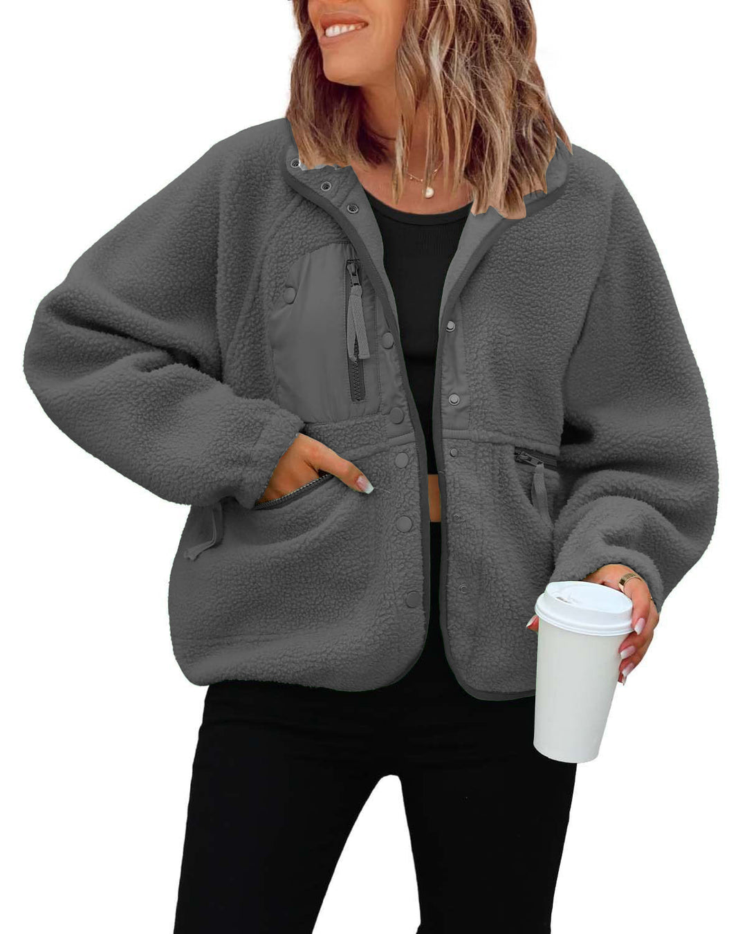 Damen kuschelige Fleecejacke mit praktischen Taschen EB