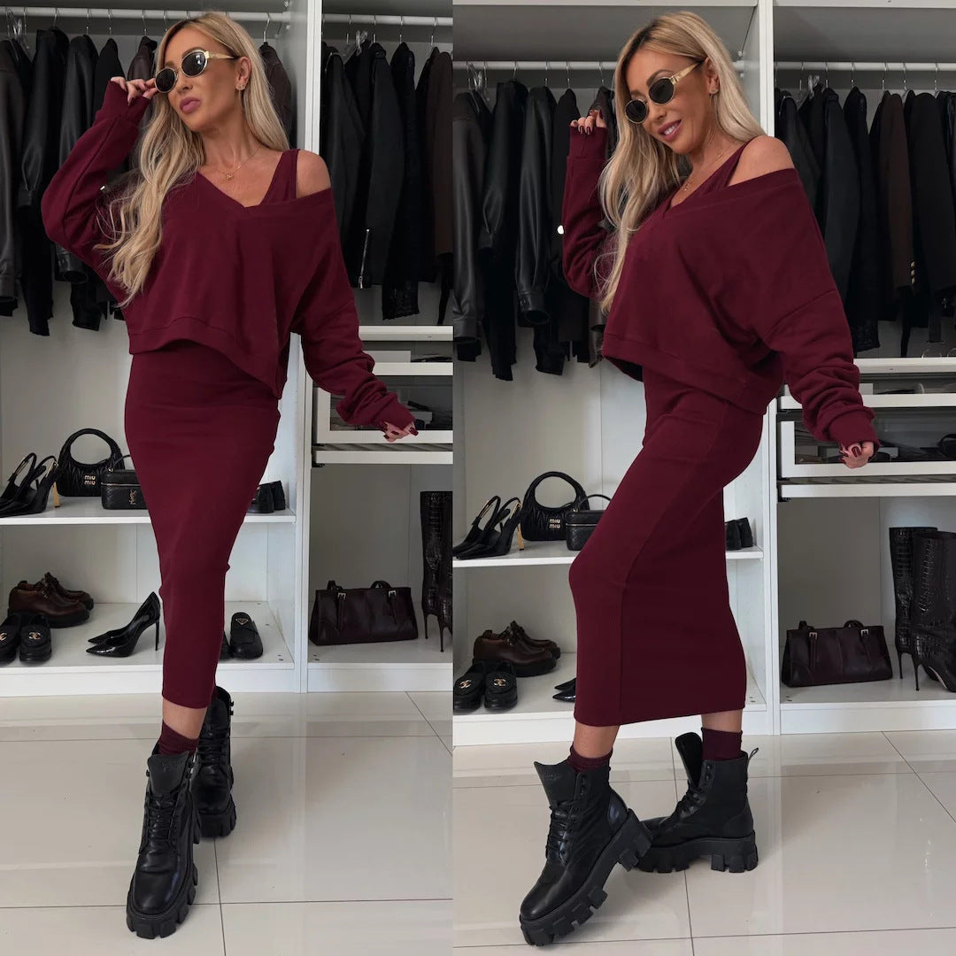 Damen nan zweiteiliges Midirock-Set mit off-shoulder Oversize-Sweatshirt und figurbetontem Bleistiftrock EB
