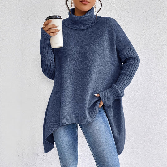Damen nan Oversize Strickpullover mit hohem Rollkragen, gerippten Ärmeln und asymmetrischem Saum EB