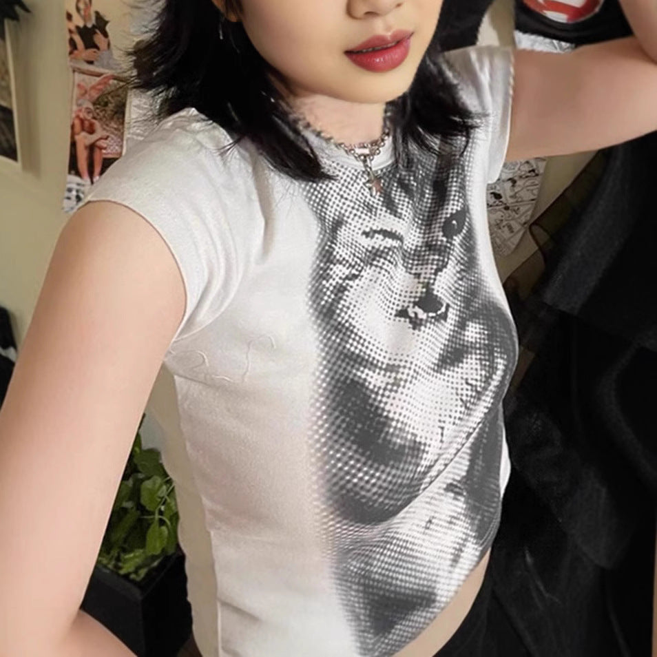 Damen Crop-T-Shirt mit kreativem Katzenmotiv EB