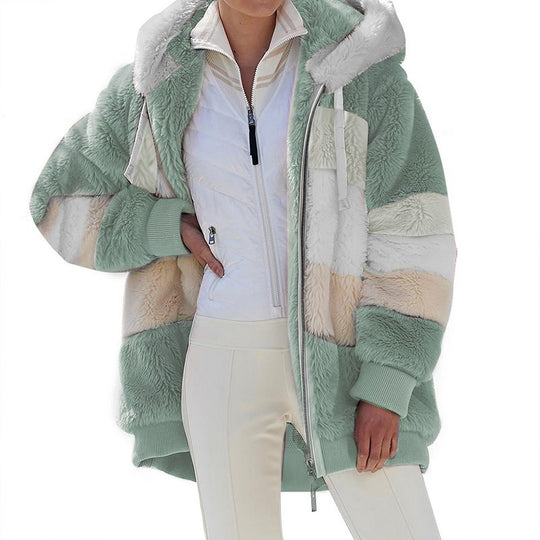 Damen nan kuschelige Oversize Kunstpelzjacke mit Kapuze, Blockstreifen und Rippbündchen EB