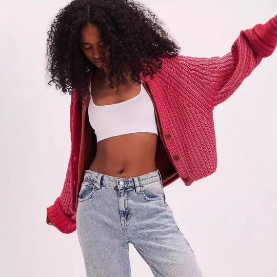 Damen lässige Strickjacke mit dekorativem Knopfverschluss und voluminösen Ärmeln EB