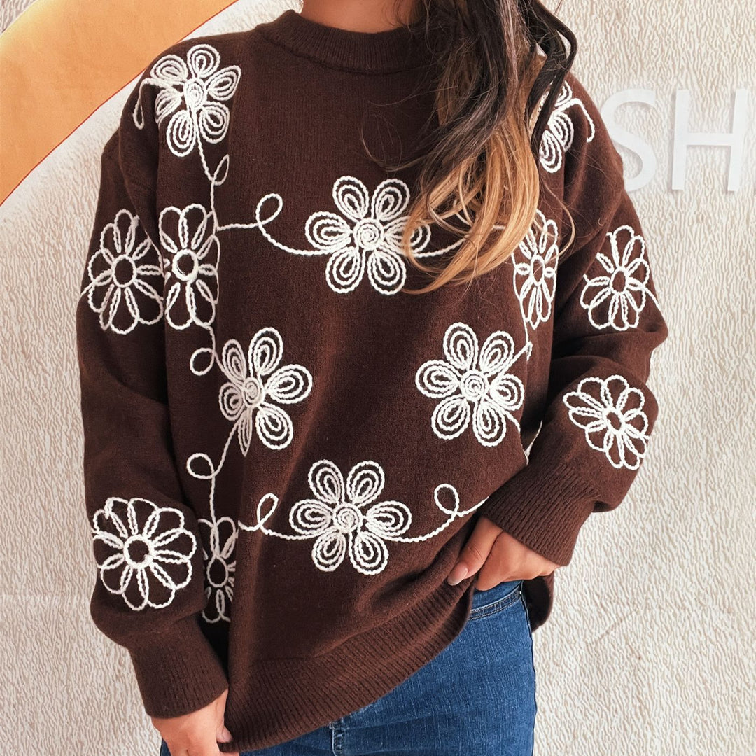 Damen kuscheliger Strickpullover mit floralen Applikationen und Rundhalsausschnitt EB