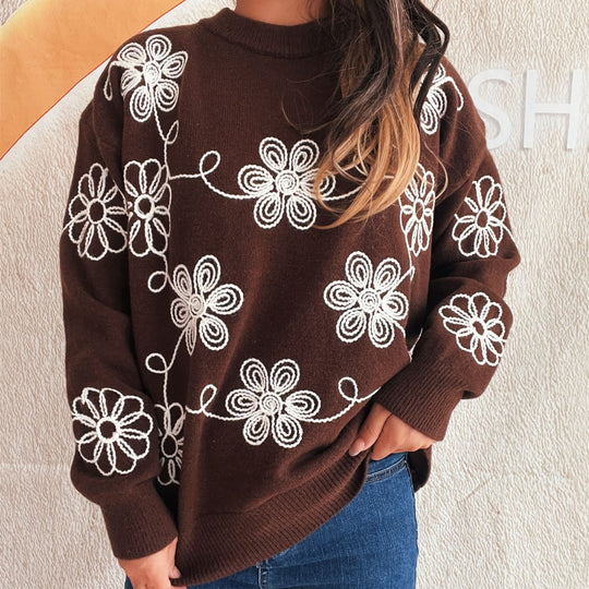 Damen kuscheliger Strickpullover mit floralen Applikationen und Rundhalsausschnitt EB