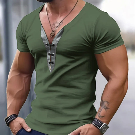 Herren trendiges V-Ausschnitt T-Shirt mit Knopfleiste EB